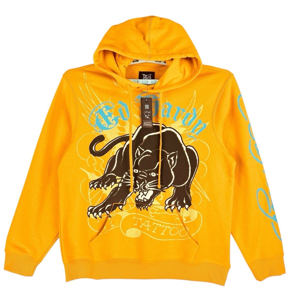 Ed Hardy Men's Street Style Panther Pullover Gold Hooded Sweatshirt Sz Large NWT